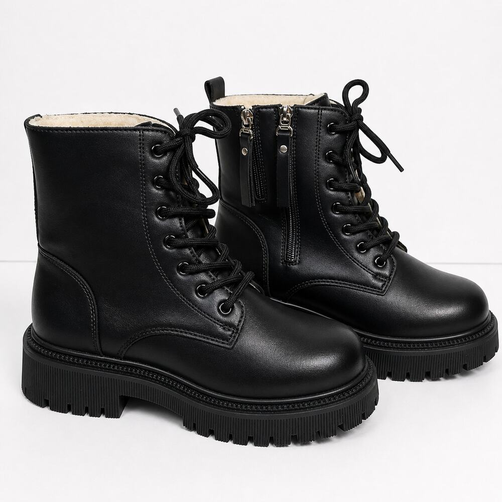 Women's Faux Fur Lined Combat Boots Black Chunky Lug Sole EU 40 US 9-10